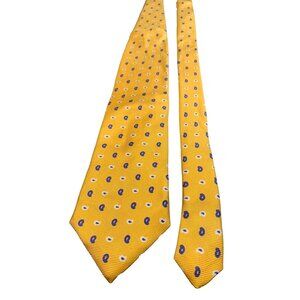 Lands End Mens Yellow Silk Tie Necktie Blue Paisley Dot Made in USA